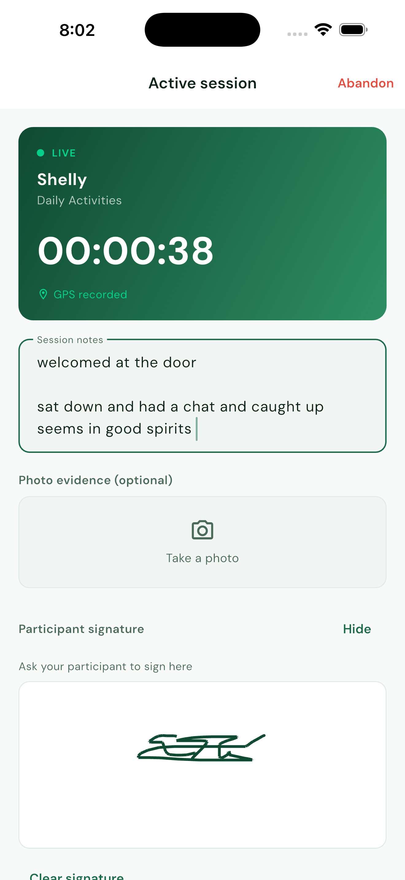ShiftProof active session with live timer and signature capture