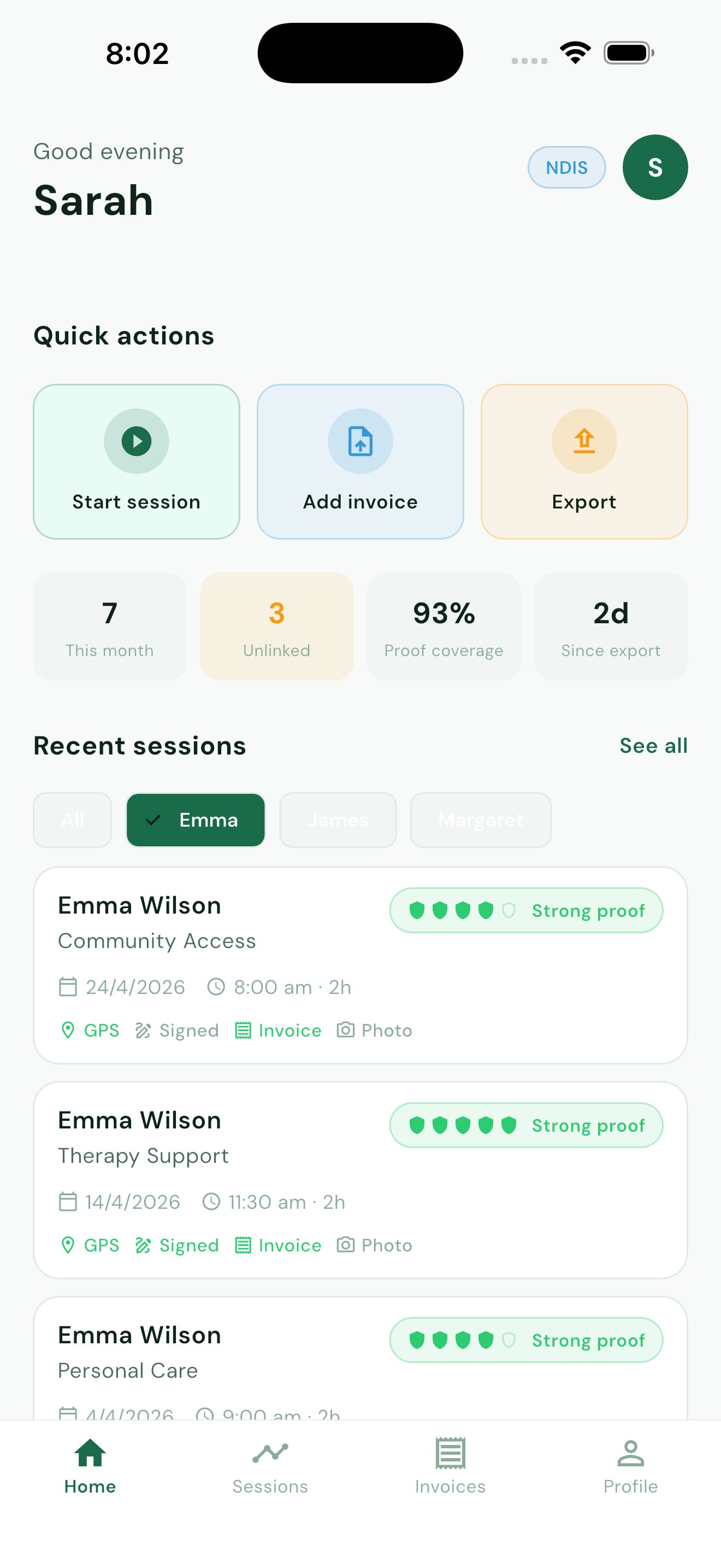 Export evidence pack screen showing 8 sessions, 11 invoices, 100% proof coverage with Share PDF button