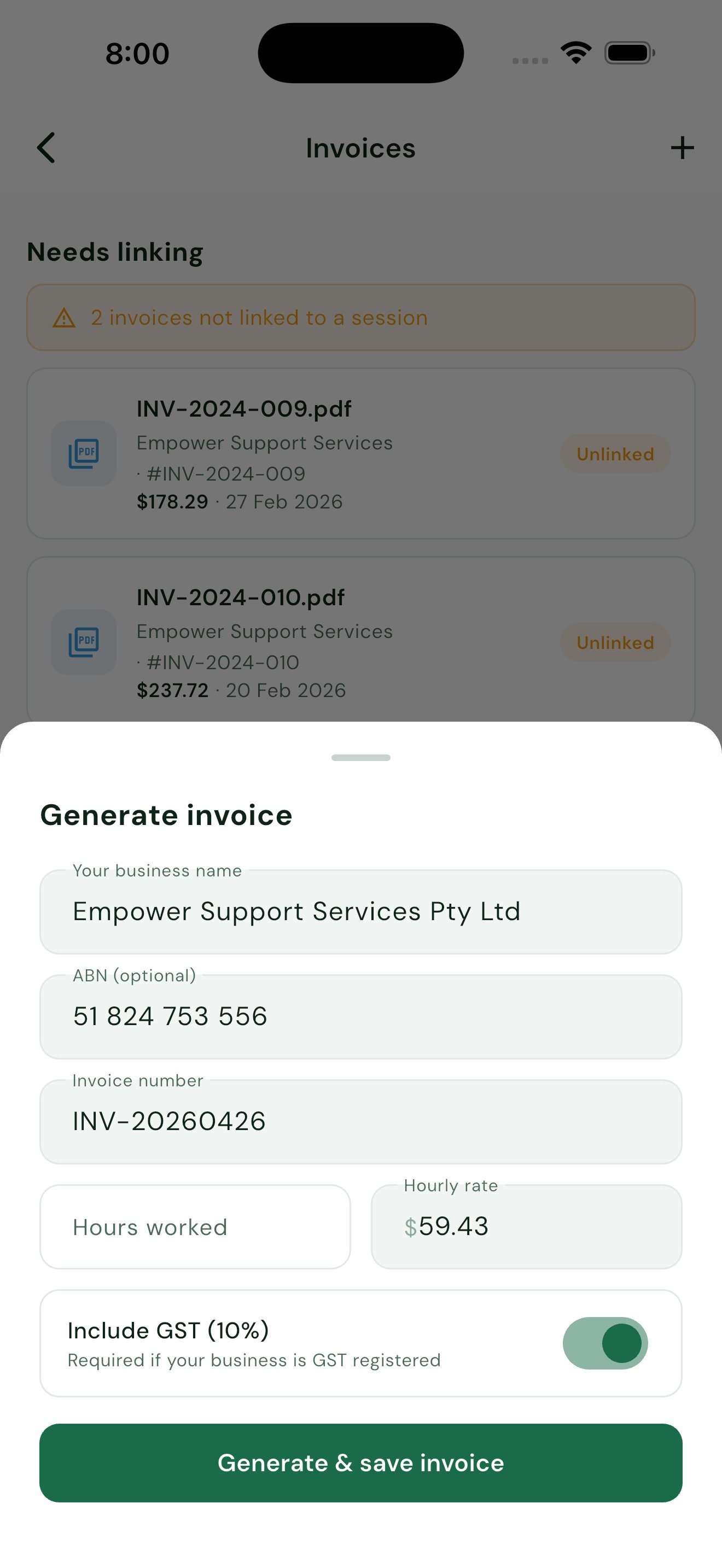 Invoice screen showing linked and unlinked invoices from Empower Support Services