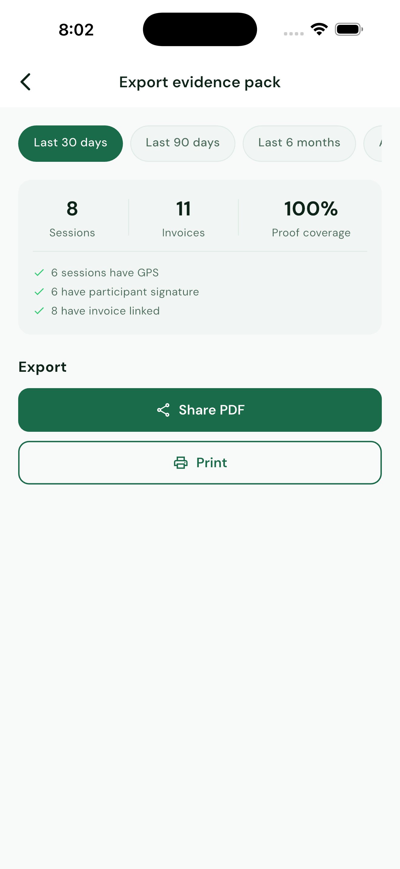 Session history showing multiple clients with Strong proof badges, GPS, signature, invoice indicators