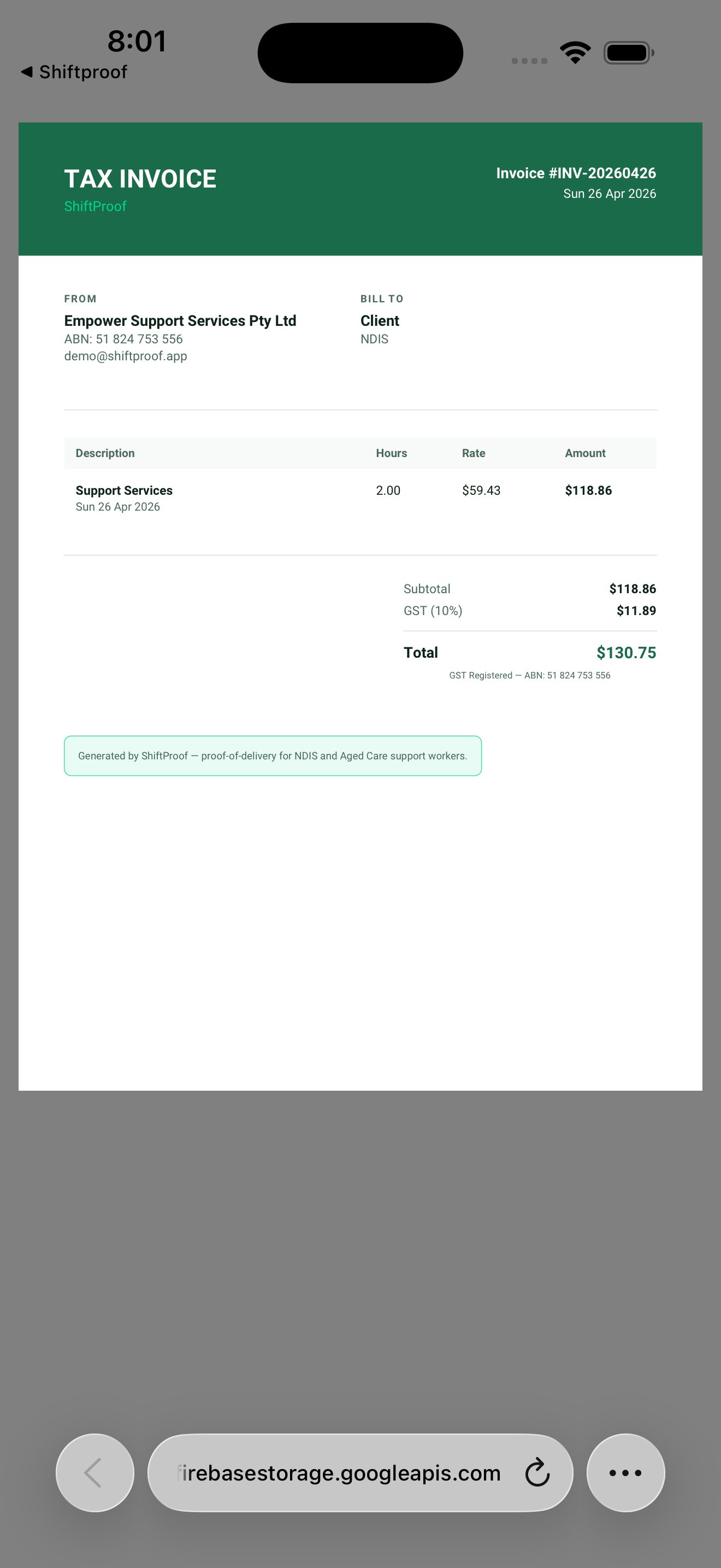 Generated tax invoice showing professional format with GST breakdown, ABN, and ShiftProof branding